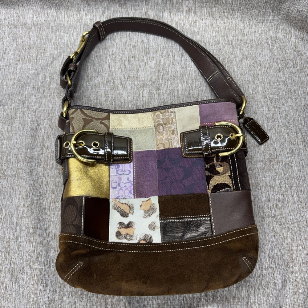Coach Holiday Patchwork Ergo Hobo Bag Brown Purple Gold 3573 Vintage Y2K
